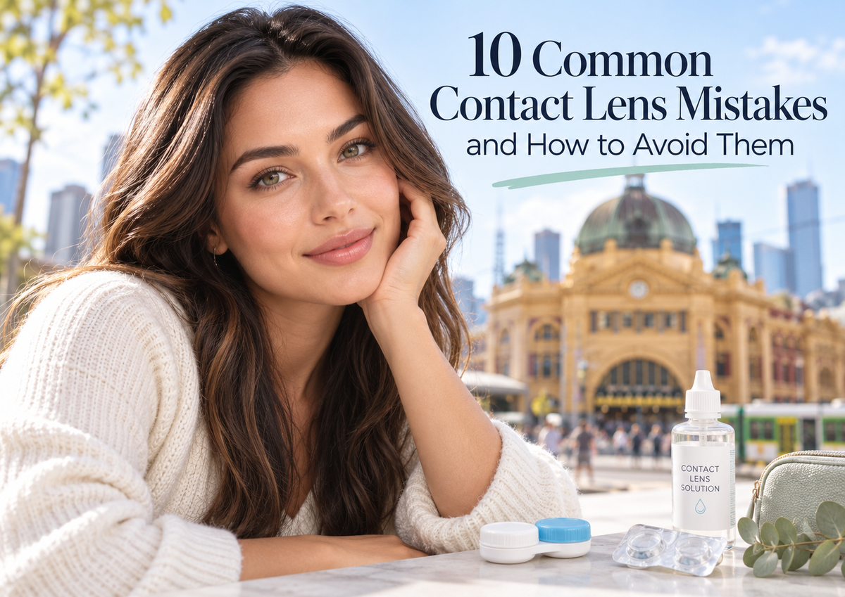 Contact lens wearer with lens care supplies and Melbourne's Flinders Street Station softly blurred behind
