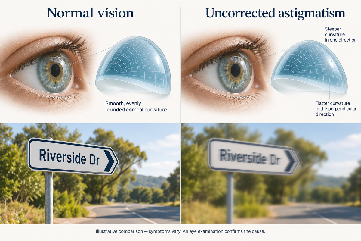 Illustrative comparison of normal vision and uncorrected astigmatism, showing corneal curvature and a clear versus blurred street sign